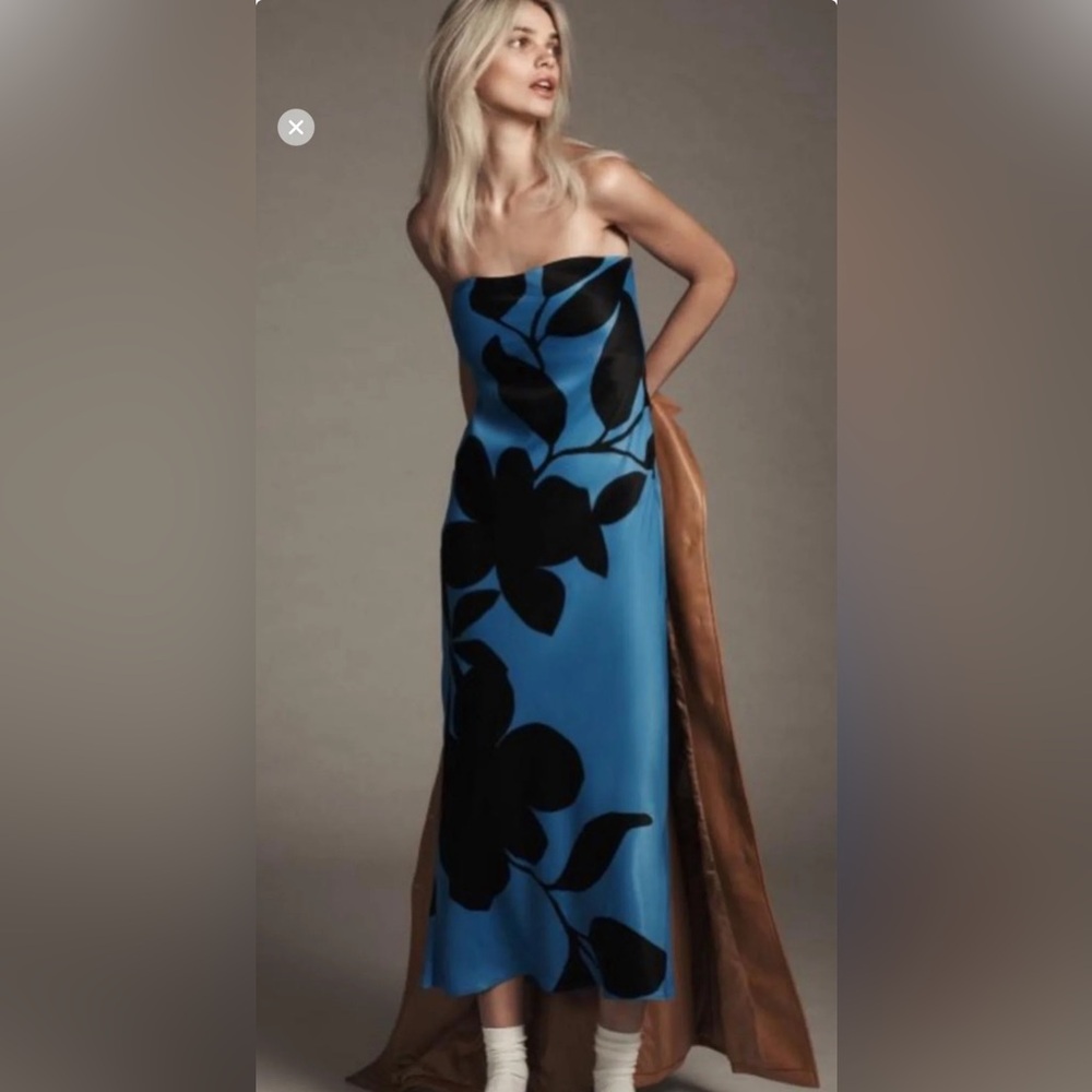 Anthropologie Strapless Blue Dress with Black Floral Print